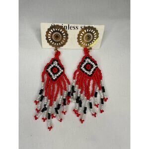 Handcrafted Beaded Dangle Earrings - Red, Black & White